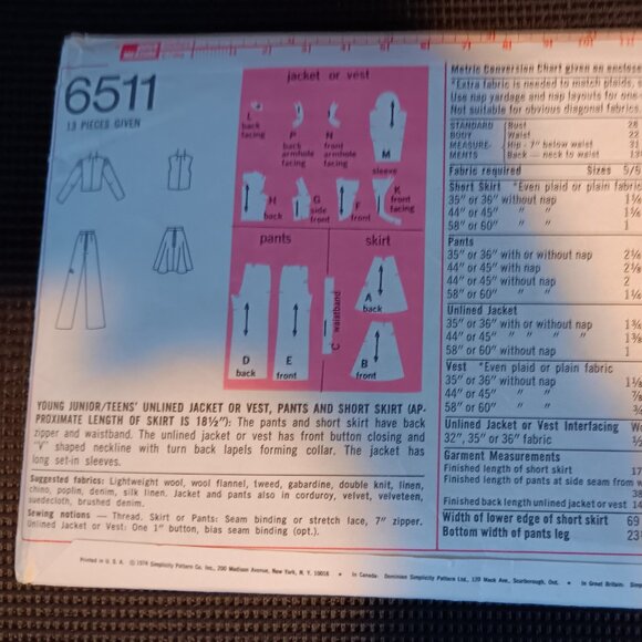 Vintage 70s Simplicity Sewing Pattern Junior Jacket Vest Pants, Skirt 6511 - Picture 5 of 6